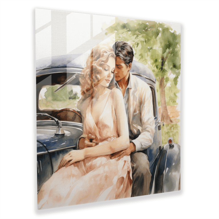 Romantisches Landschaftsglasbild: Klassisches Auto und elegantes Paar Wanddekoration