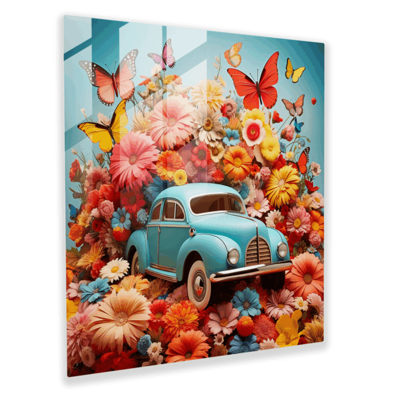 Buntes Botanik-Glasbild: Retroauto und Blumenzauber Wanddekoration
