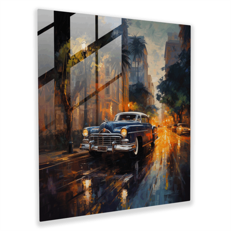 Faszinierendes Stadtbild Glasbild: Klassisches Auto in der Abenddämmerung Wanddekoration