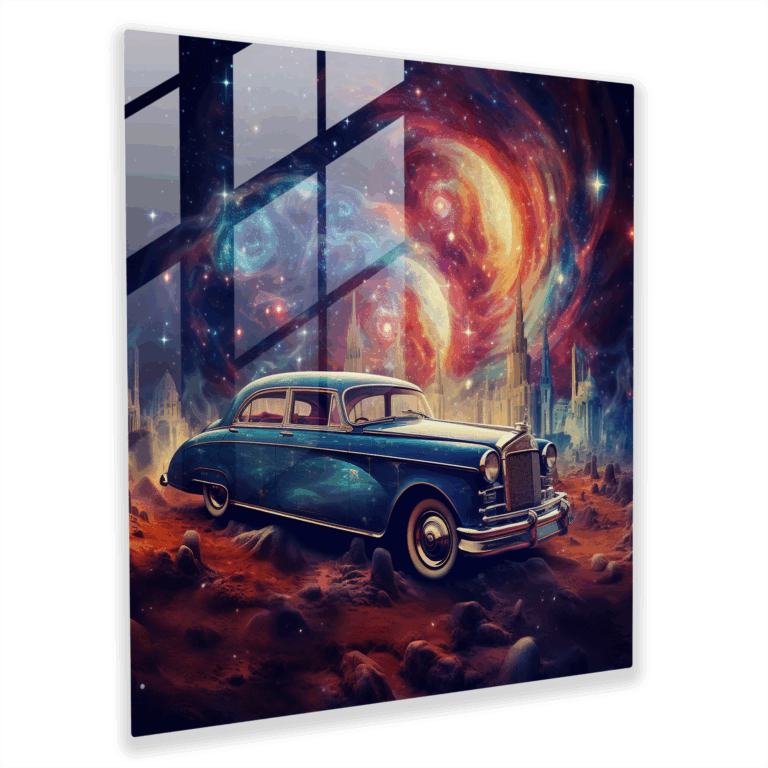 Glasbild Himmels-Galaxie: Vintage Auto in einer faszinierenden Universum Wanddekoration