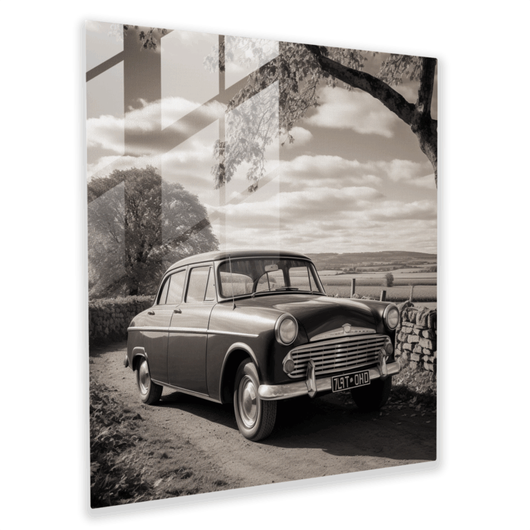 Elegante Glasbild-Wohndekoration - Zeitloses Vintage-Auto Glaswandkunst