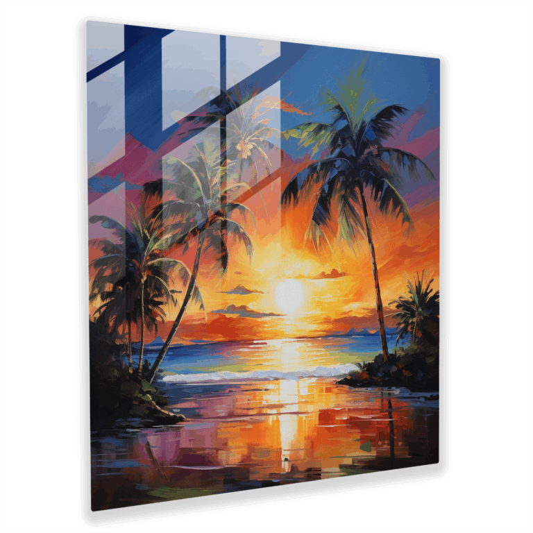 Faszinierendes Glasbild Wanddekoration - Leuchtender Sonnenuntergang Strand Glas Kunst