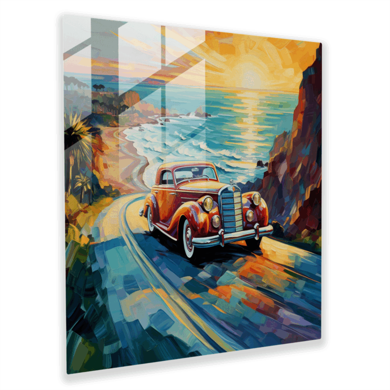 Glasbild Seaside Serenade - Impressionistisches Kunstwerk eines klassischen Autos am Meer - Wanddekoration aus Glas