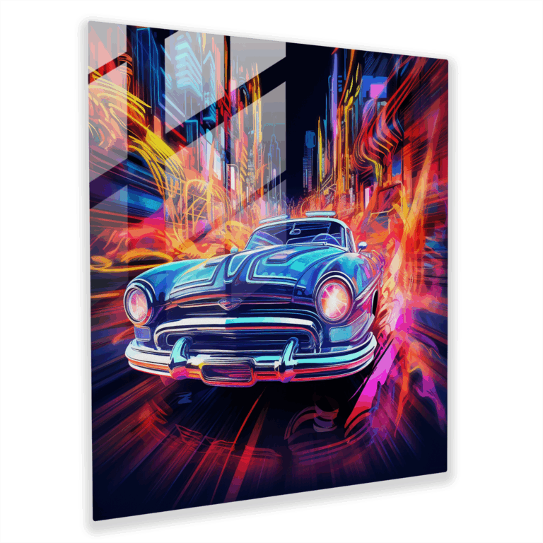 Innovatives Glasbild - Futuristisches Retroauto verschmilzt mit abstrakten Neonlichtern Glaswandkunst