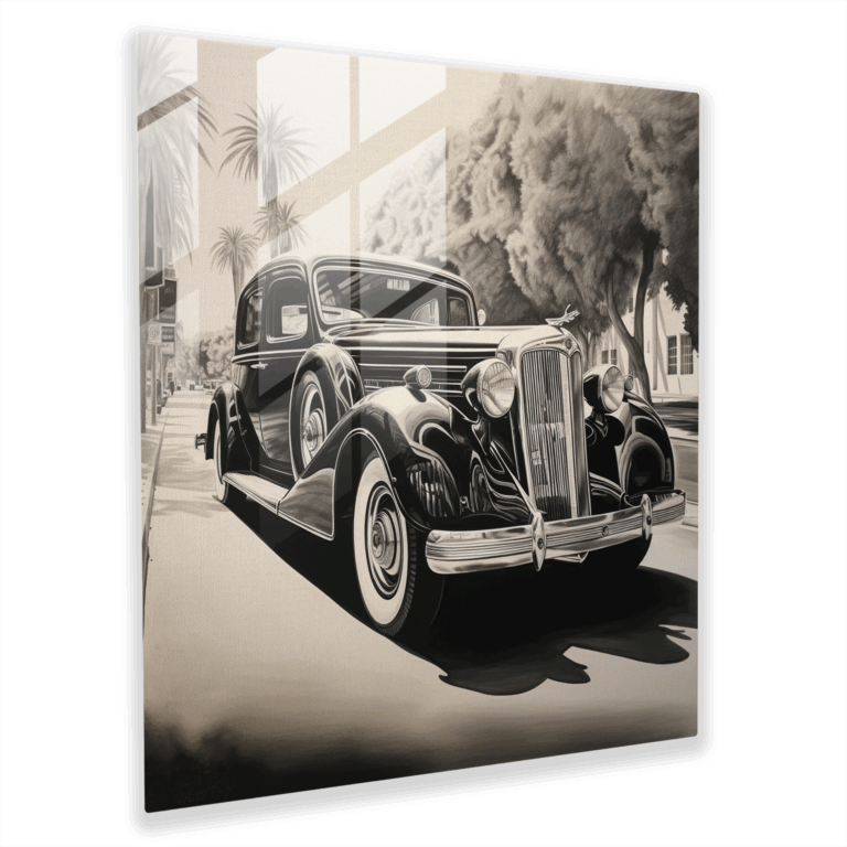 Kraftvolles Erscheinungsbild: Glasbild eines klassischen Autos für die Wohnraumdekoration