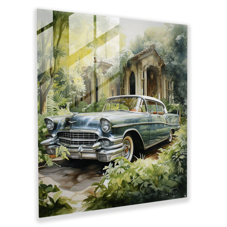 Klassisches Auto im künstlerischen Aquarellstil Glasbild - Wohnkultur Wanddekoration Glaswandkunst Glasbild moderne Kunstarbeit