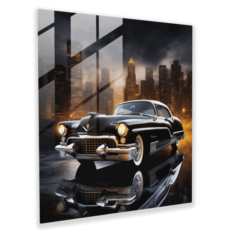 Moderne Stadtskyline mit klassischem Auto Glasbild - Wohn- und Wanddekoration Glaswandkunst zeitgenössisches Kunstwerk
