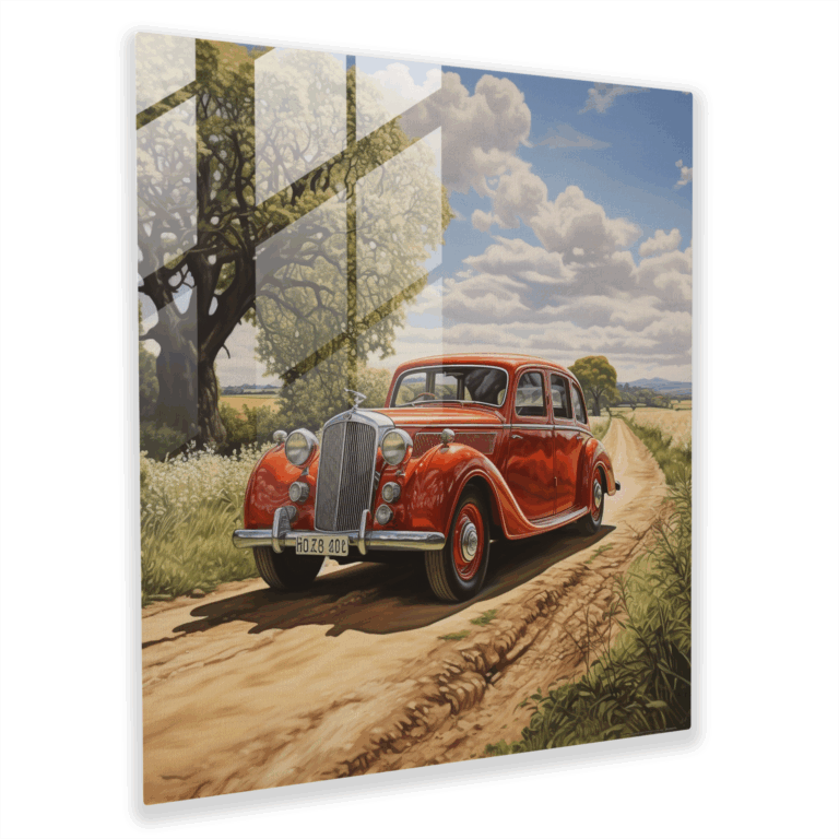 Glasbild Klassiker der Natur - Detaillierte Darstellung eines klassischen Autos in idyllischer Landschaft.