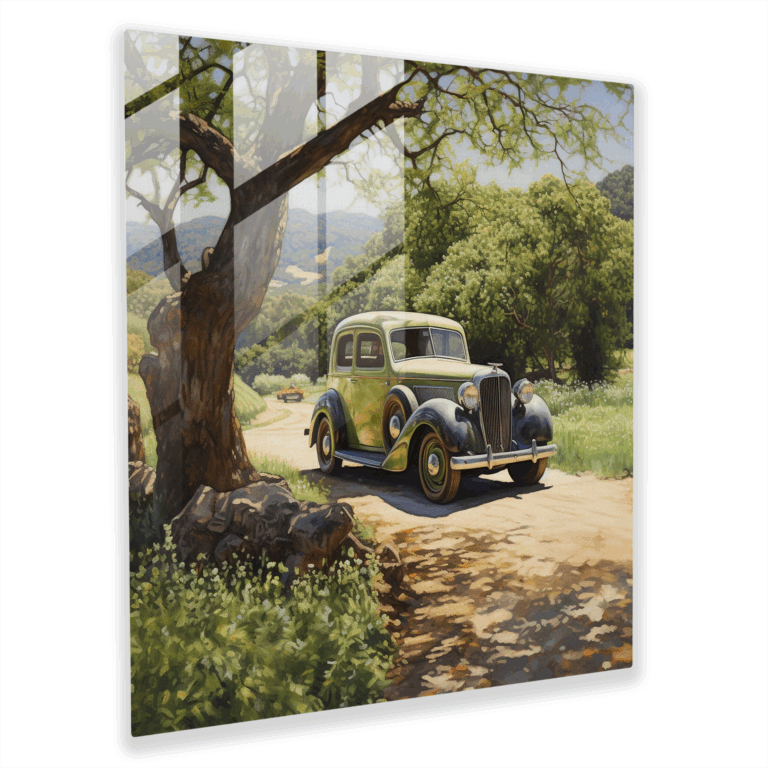Glasbild Landschaftsimpressionismus - Ruhige Landschaft mit Oldtimer - Entspannte Wohnraumdekoration
