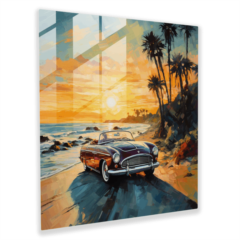 Romantischer Impressionist Glasdruck - Klassisches Auto fährt entlang Küstenstraße - Traumhafte Wanddekoration