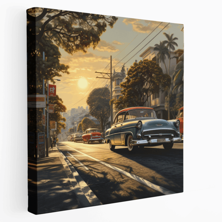 Leinwandbild Sonnenbeschienene Straße klassische Autos