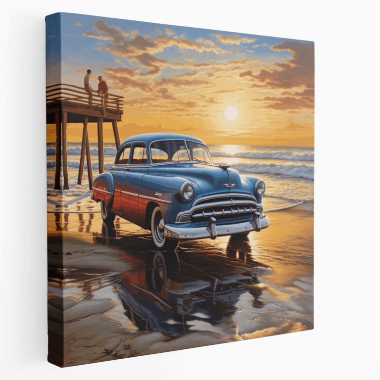 Leinwandbild Klassischer Oldtimer am Küsten-Sonnenuntergang