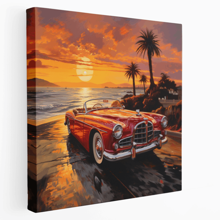 Realistisches Ölgemälde Küstenstraße Klassisches Auto Leinwandbild