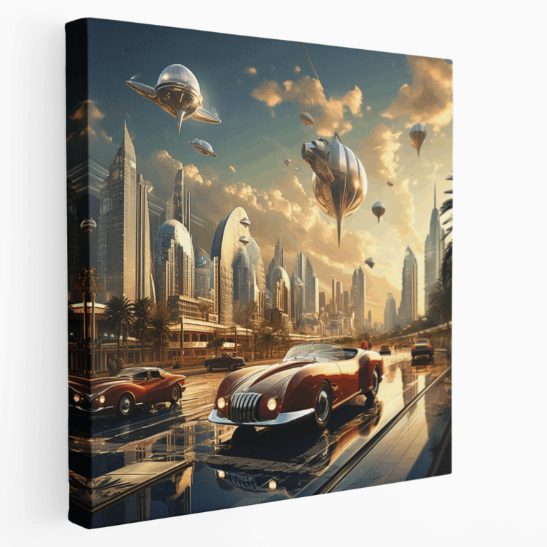 Moderne futuristische Stadtszene Oldtimer Leinwandbild