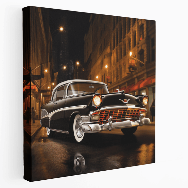 Photorealistisches Leinwandbild klassischer Vintage-Autos in Stadtlandschaft
