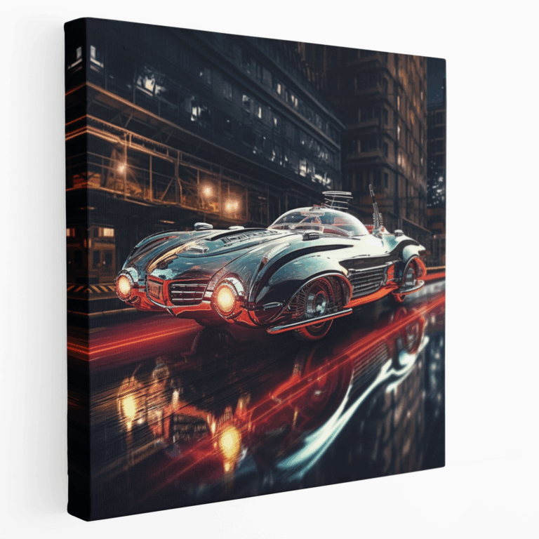 Futuristisches Leinwandbild eines fliegenden Oldtimers