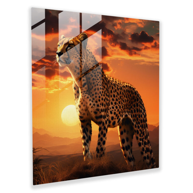 Glasbild Gepard - Moderne Kunst Strahlender Sonnenuntergang