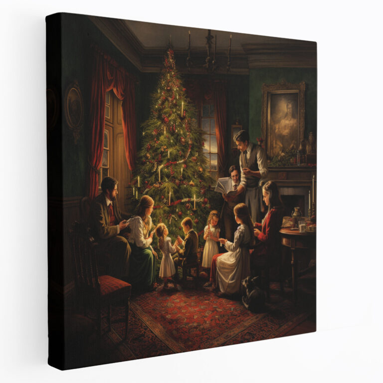 Weihnachts Leinwandbild - Traditionelles Familientreffen - Weihnachten Familientreffen Leinwand Kunst Schön geschmückter Weihnachtsbaum.