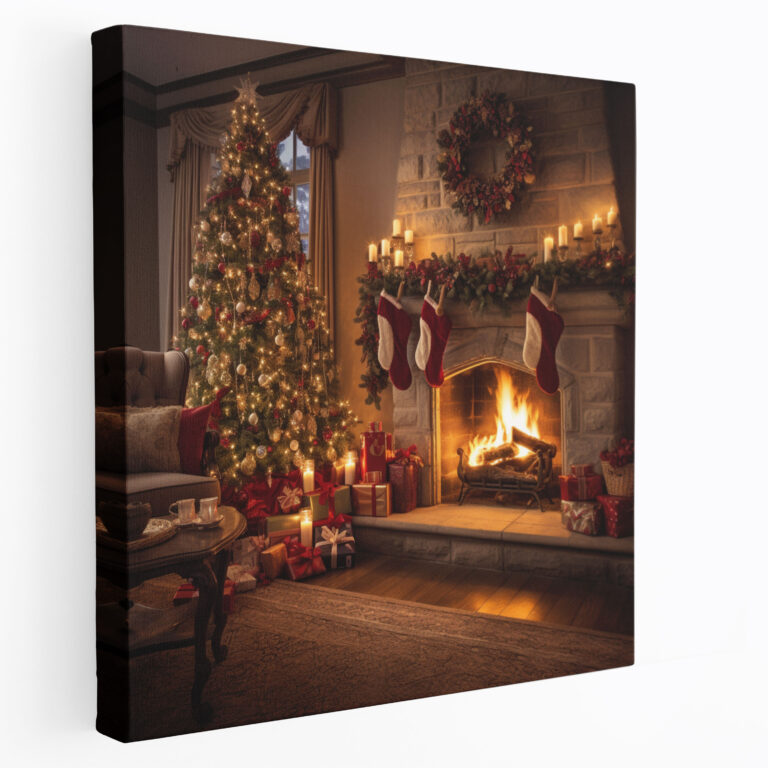 Gemütliches Weihnachts-Wohnzimmer Leinwandbild - Weihnachten Leinwand Wandkunst Festliche Jahreszeit Wandkunst