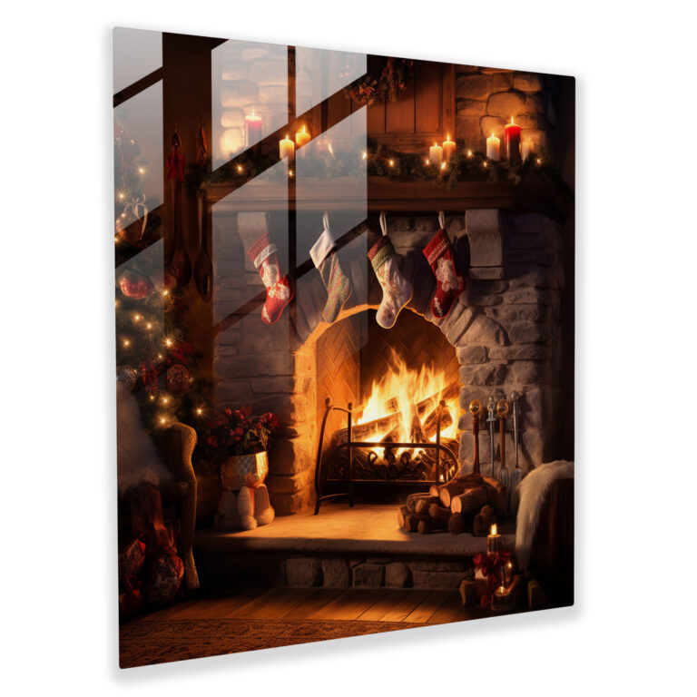 Glasbild Weihnachtsfeuerstelle - Weihnachten Feuer Ambiente Glas Wandkunst