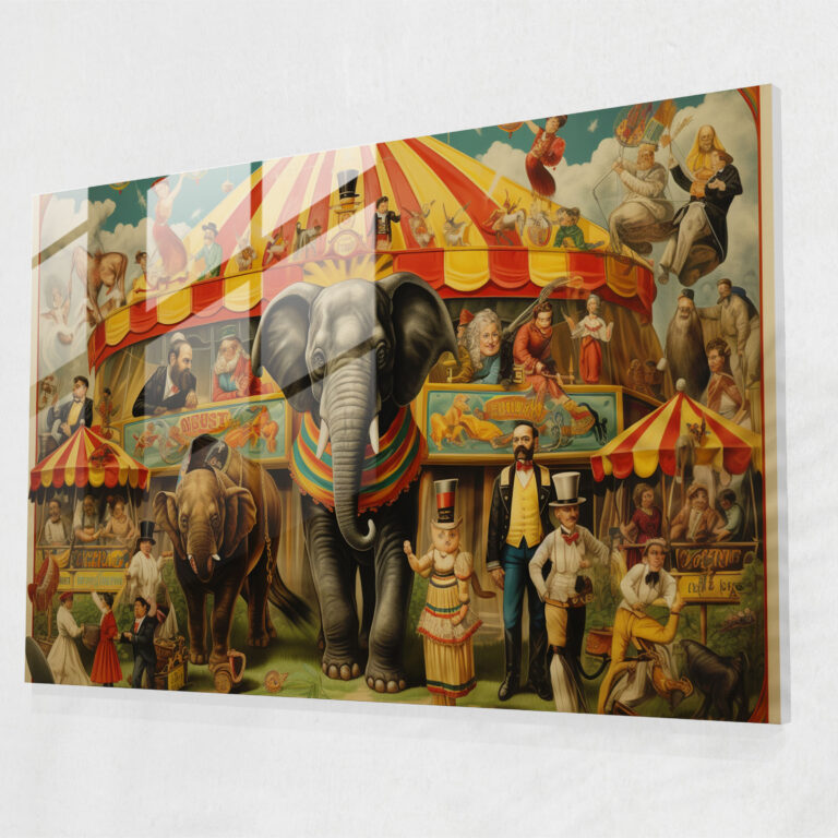Glasbild Zirkus- und Zirkuskünstler-Wanddekoration im Vintage-Stil