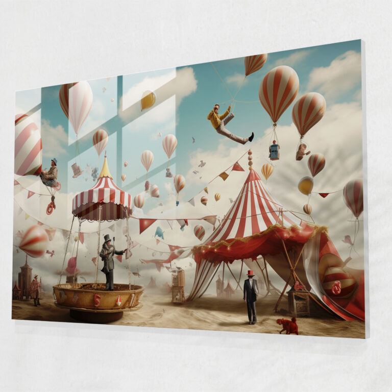 Surreales Zirkus Glasbild - Zirkus Digitale Kunst Wanddekoration