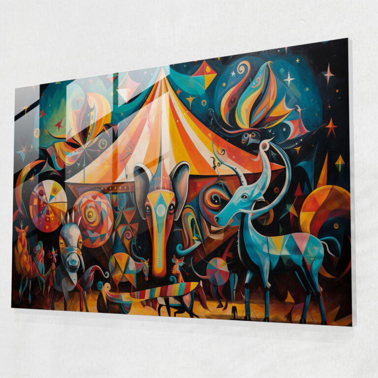 Glasbild Zirkusspaß - Zirkus bunte Tiere moderne Kunst