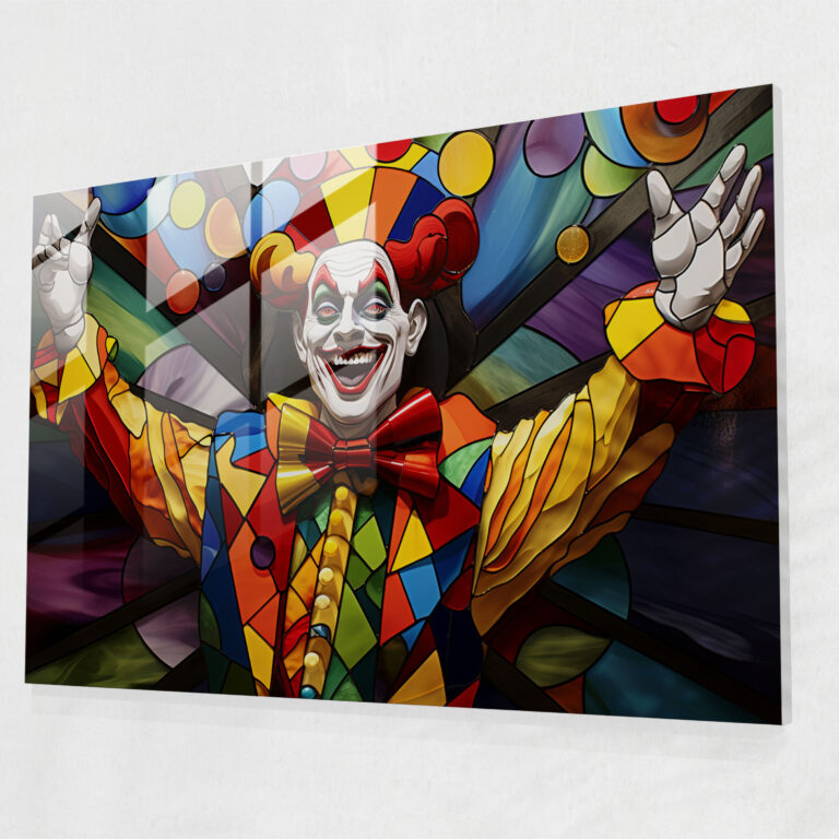 Bunter Clown Glasbild - Zirkus Wohndekoration Jonglierender Clown Moderne Kunst.