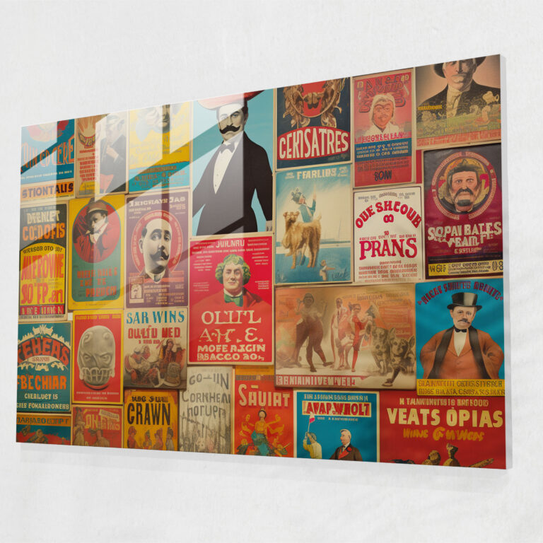 Glasbild Zirkus Vintage - Lebendige Farben Collage aus alten Zirkusplakaten Zirkus Wohndekoration