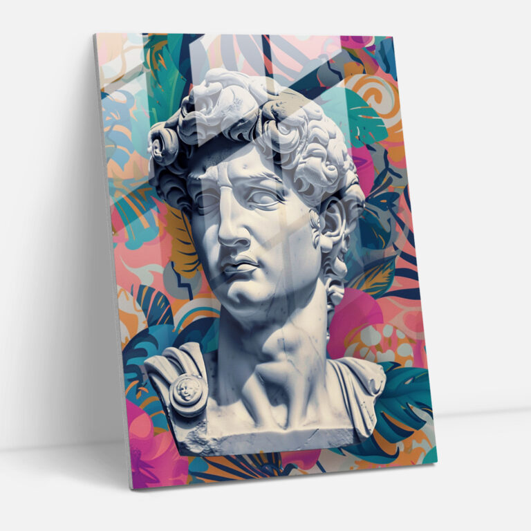 Klassizismus mit Pop-Art Glasbild - Kombination aus Klassizismus und Pop-Art griechische Skulptur vereint Klassizismus mit Pop-Art Glasbild.