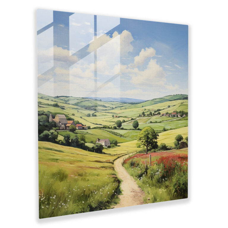 Glasbild mit Vintage-Landschaftsmotiv aus dem ländlichen Raum - Klassisches Wandkunstwerk aus Glas