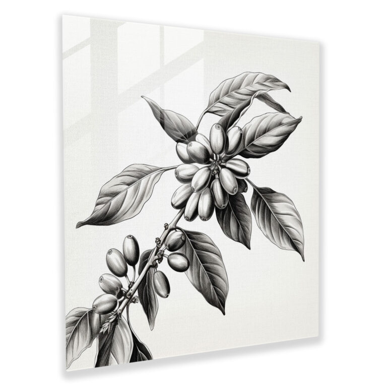 Glasbild Kaffeepflanze - Kaffee Glasbild Schwarz-Weiß-Illustration Wanddekoration