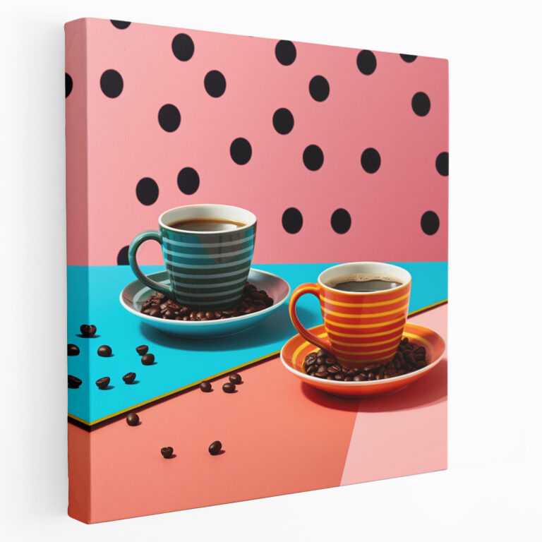Leinwandbild Kaffee - Retro Kaffeetassen und Bohnen - Kaffee Leinwandbild Kaffee Leinwand-Wandkunst