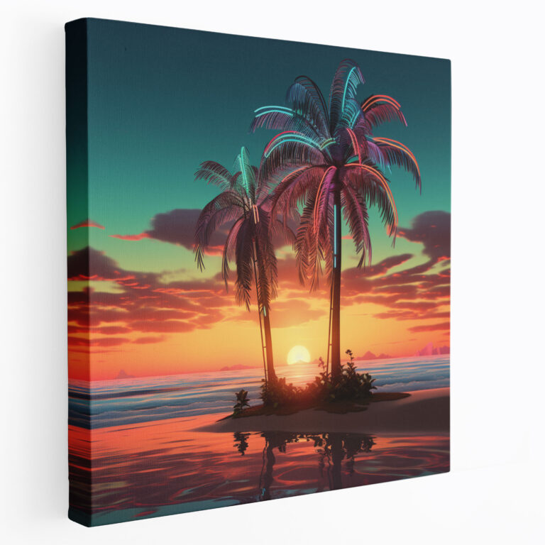 Cooles Wandbild - Retro Neon Zeichen - Strand bei Sonnenuntergang Palmenbaum Wanddekoration
