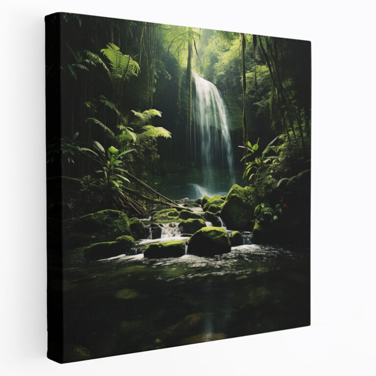 Erfrischendes Wasserfall Leinwandbild - Wanddekoration Leinwandbild üppiger grüner Wald