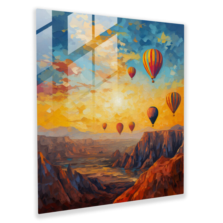 Glasbild eines morgendlichen Sonnenaufgangs mit Heißluftballons - Impasto Glaswandkunst zur Wohnraumgestaltung