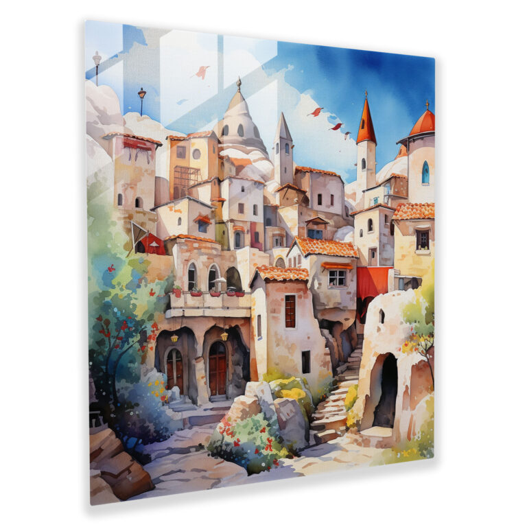 Glasbild mit verspieltem Druck des Dorflebens in Kappadokien - Aquarell Glaswandkunst für die Heimdekoration.
