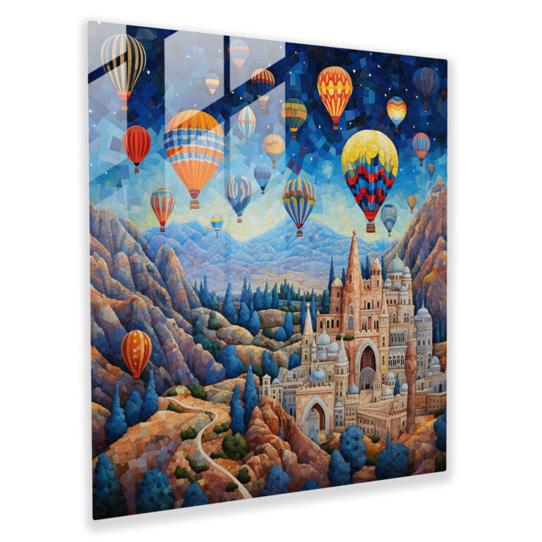 Glasbild mit verspieltem Motiv: Heißluftballons über den Feenkaminen von Kappadokien