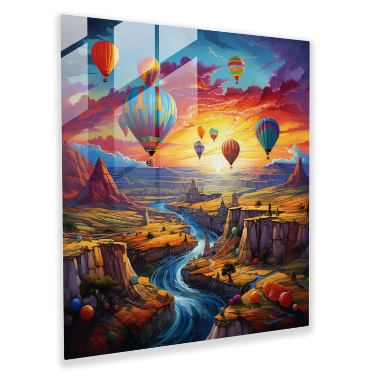 Faszinierendes Glasbild surrealer Landschaften die mit dem farbenfrohen Himmel in Kappadokien verschmelzen - lebendige abstrakte Expressionismus Glaswandkunst