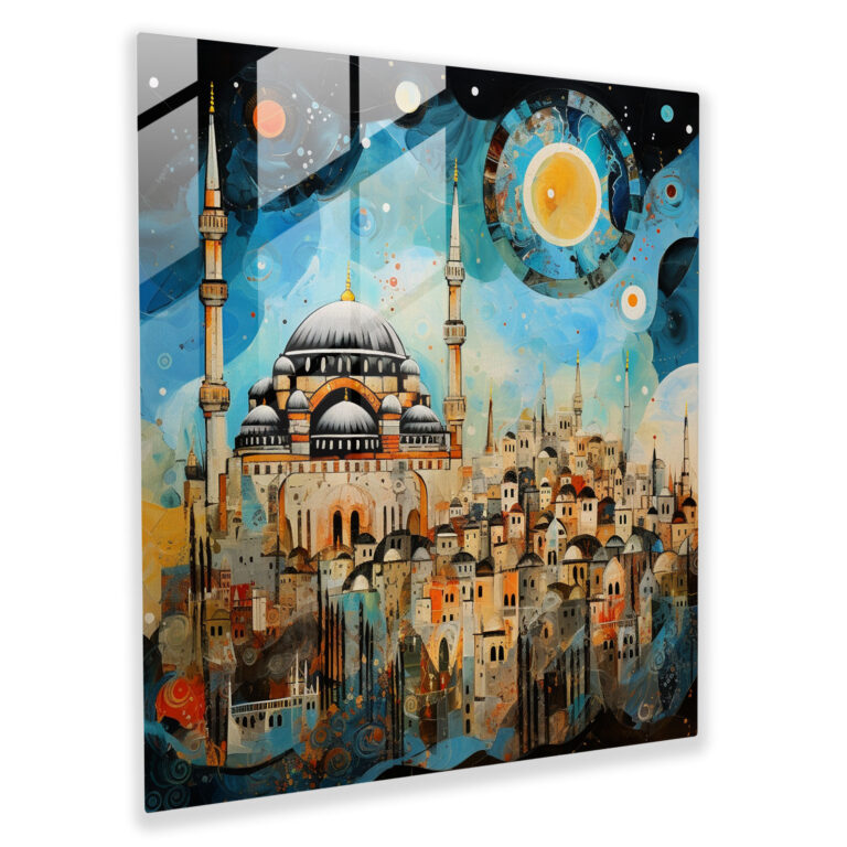 Exquisites Glasbild: Verschmelzung traditioneller türkischer Muster mit ikonischen Elementen Kappadokiens - Abstrakte Mixed-Media-Glaswandkunst
