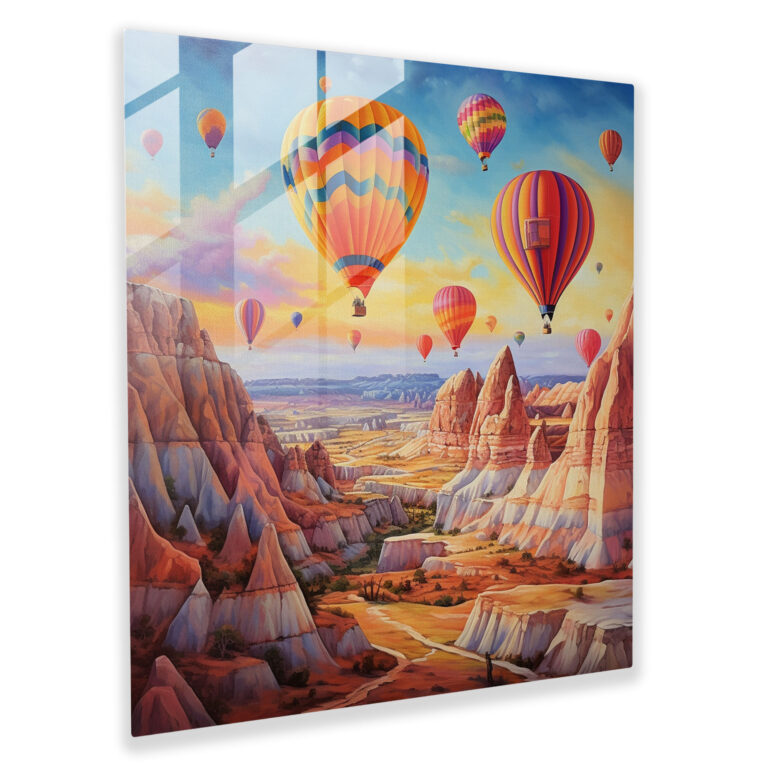 Geheimnisvolles Glasbild surreal Landschaften mit schwebenden Heißluftballons - Impressionistisches Meerespanorama Glaswandkunst
