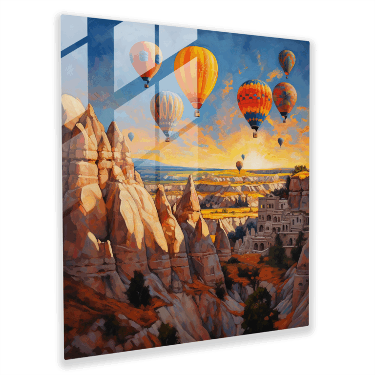 Lebendiges Ölgemälde Glasbild - Cappadocia Heißluftballons und Täler Wanddekoration