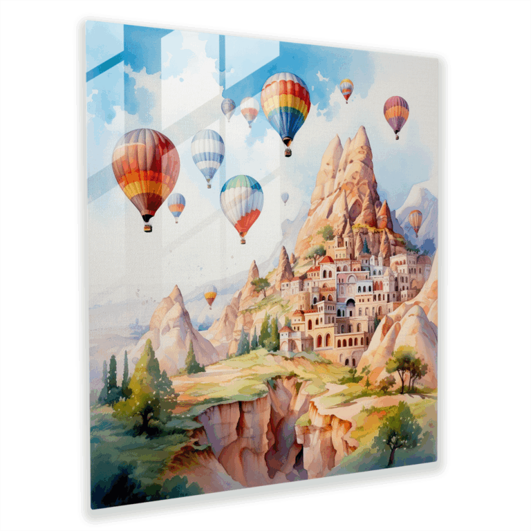 Verzaubertes Glasbild: Kappadokien Traumlandschaften - Aquarell Meisterwerk zur Wohnraumdekoration
