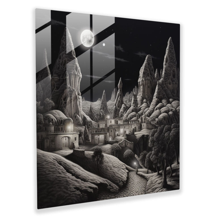 Glasbild: Kappadokische Kamin-Silhouetten im Mondschein - Realistisches Kohleglas-Wandkunstwerk für die Heimdekoration