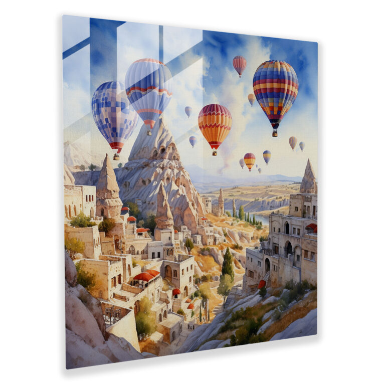 Glasbild Luftige Gelassenheit - faszinierendes Kappadokien Glaswandkunst für die Heimdekoration.