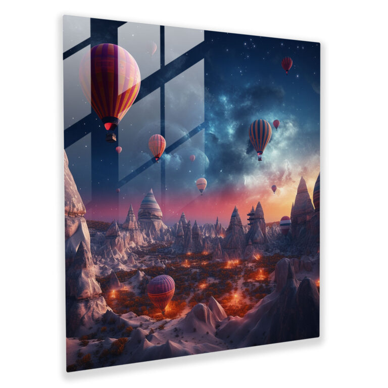 Moderne Glasbilder: Ikonische Heißluftballons schweben zwischen Himmelskörpern - Wanddeko und Wohnaccessoire - Glas Wandkunst