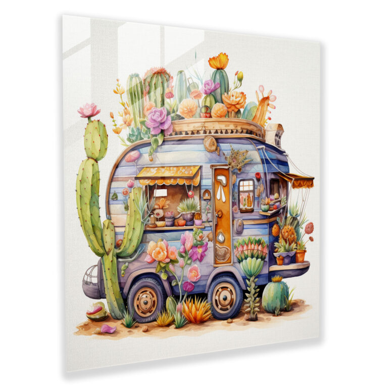 Glasbild Wohnwagen mit verspieltem Design - Wasserfarben-Illustration Wanddekoration Blumen.