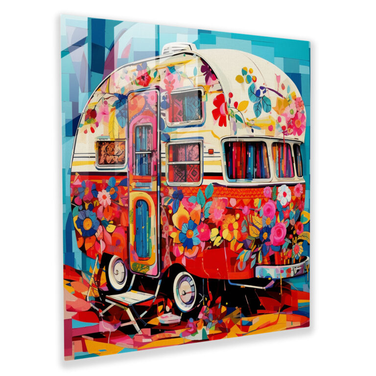 Glasbild Retro Wohnwagen - Wohnwagen Glas Wandkunst lebendige Muster Wanddekoration