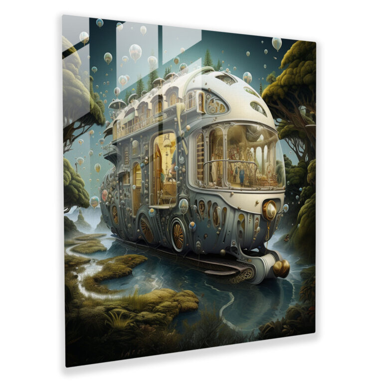 Traumwandlerischer Wohnwagen Glasbild - Wohnwagen Wohnkultur Surreale Kunst Fantasie