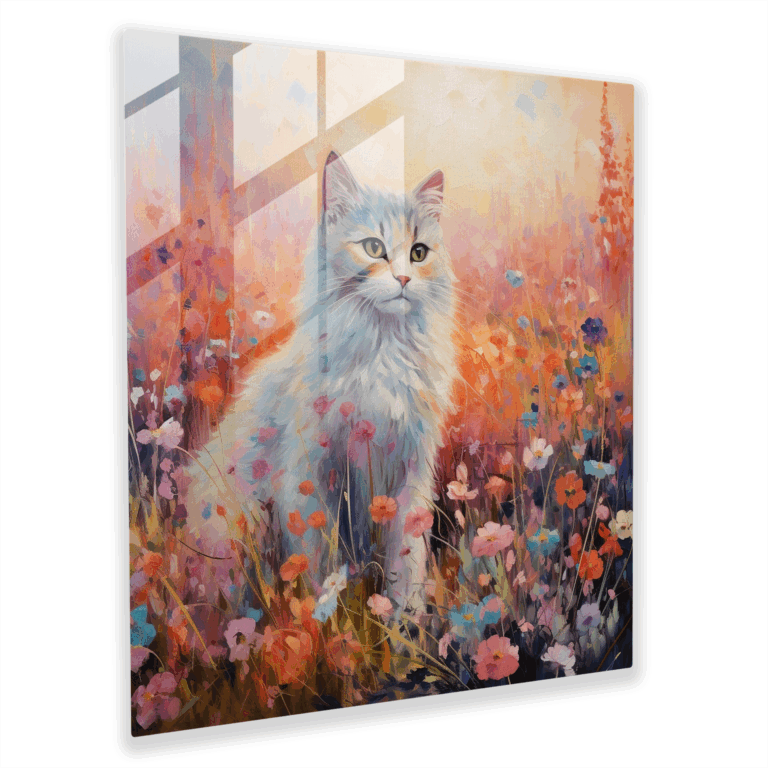 Glasbild Majestätische Katze - Impressionistisches Ölgemälde in einem Feld wilder Blumen - Glas Wanddekoration
